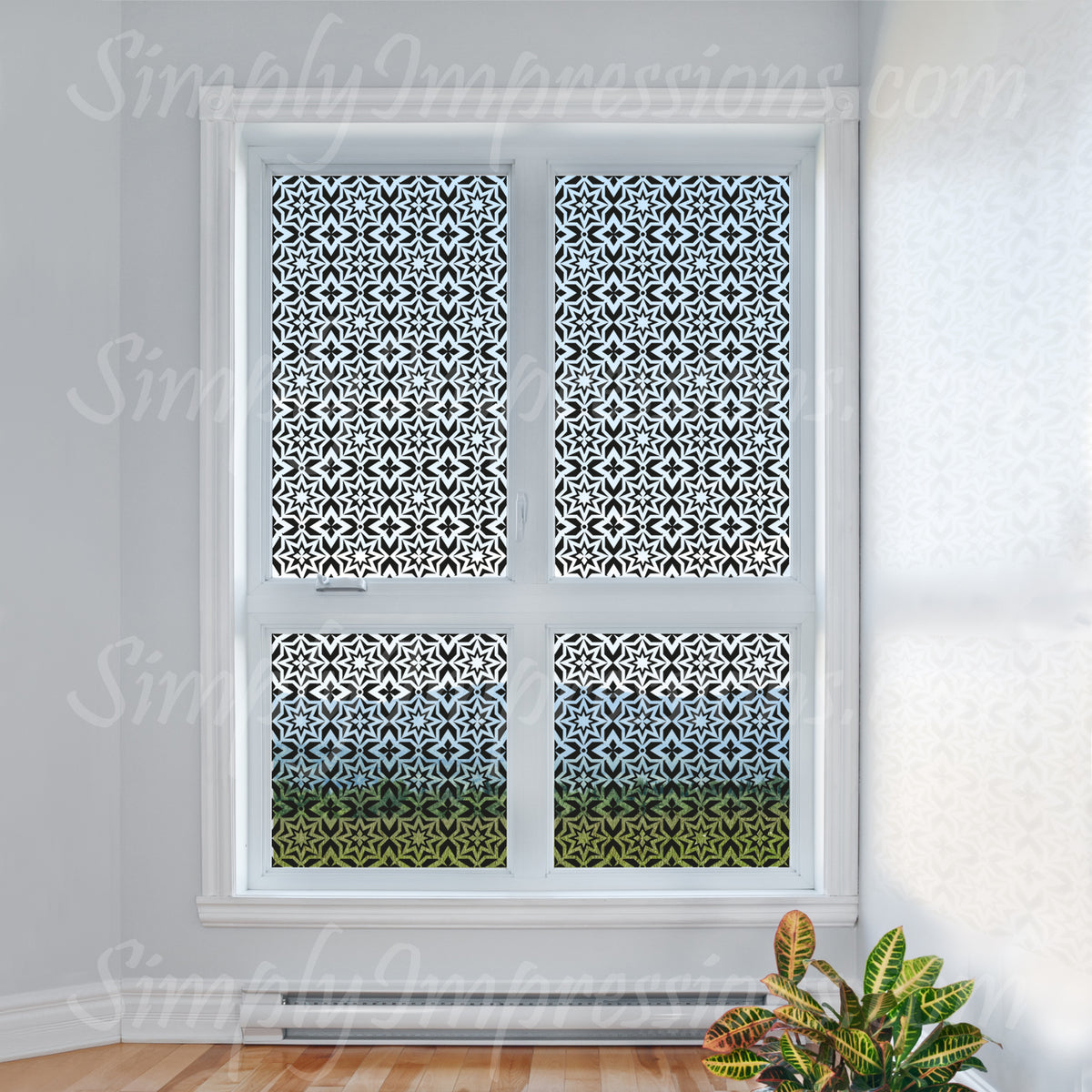 Modern Muslim Islamic Window Decal Sticker Geometric Pattern Artwork Lets light trough and gives privacy from outdoors. Custom size and color. Arabic lattice ancient repeating pattern floral art. Place vinyl on walls & glass.