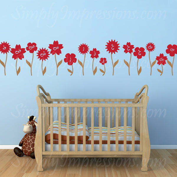 Arabic Alphabet letters in Flowers, decoration for girl child room Modern decor Islamic wall art for children play room in vinyl decal stickers multiple custom colors. Gifts for Ramadan, Eid, baby shower, nursery pictures.