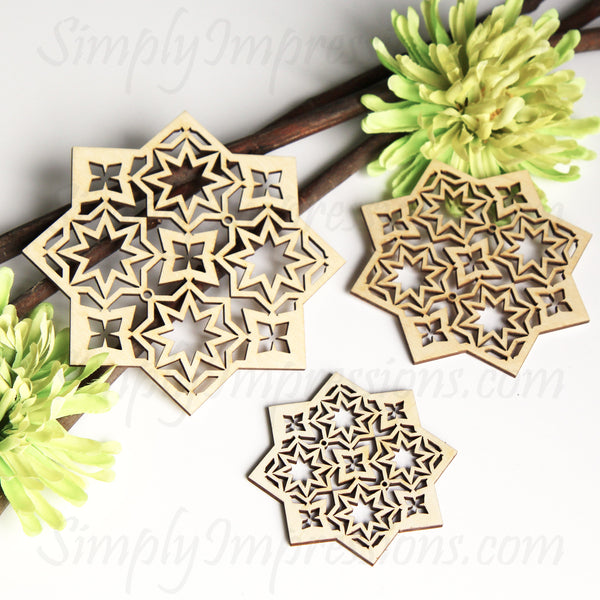 Hanging Geometric 3 Ramadan and Eid Decoration Intricate wood cutout Hang or display as a centerpiece for table or wall decoration Festive decor in 9 finishes hand painted stained artwork laser cut original carving