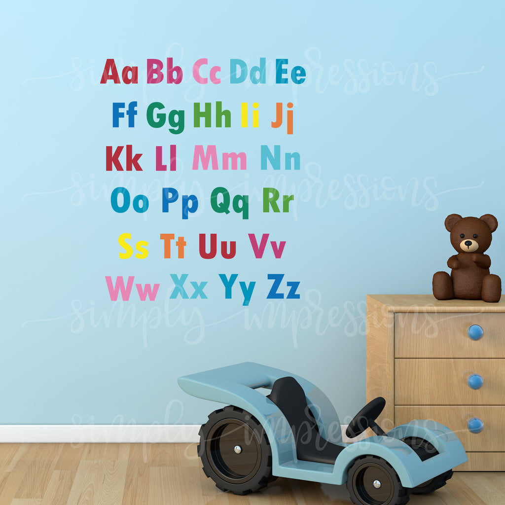 Rainbow English Alphabet decals stickers colorful wall art decoration Modern decor easy to read 26 letters for the school classroom playroom nursery made of vinyl easy to apply in custom colors. Gifts for Ramadan Eid, baby shower