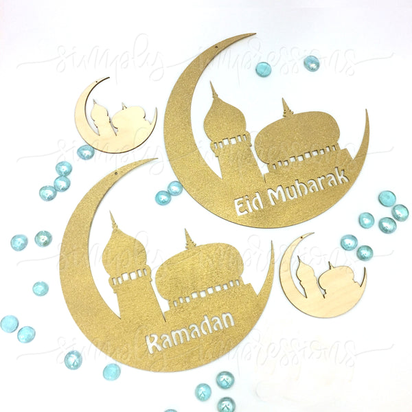 Moon & Mosque Eid / Ramadan Mubarak Wood Cutout