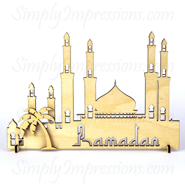 Eid Ramadan Mubarak Mosque Decoration wood cutout centerpiece engraved https://www.simplyimpressions.com/products/eid-mubarak-mosque-decoration-1 Islamic themed Free standing Masjid with palm trees and building. Intricate cut decor in 9 finishes hand painted art festive gift idea for Muslim celebration